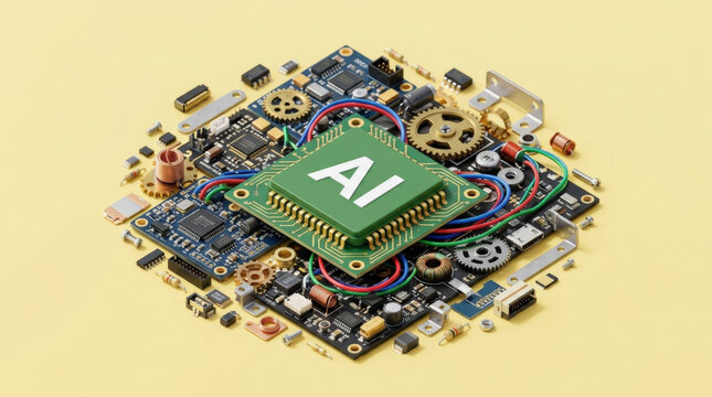 Green computer processor unit with ai lettering surrounded by electronic parts gears and colorful wires on yellow background.
