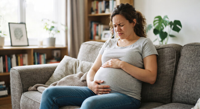 Pregnant woman sitting on a sofa and holding her pregnant belly with discomfort