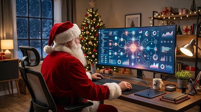 Santa Claus working on a computer with AI in a festive room with a tree  