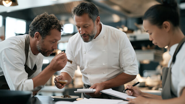 An executive chef tasting a sauce prepared by a line cook and immediately articulating precise seasoning corrections, the cook listening with full attention and pen poised over an