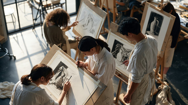 Overhead view of a secondary school art class in progress, students bent over large drawing boards with charcoal sticks, half finished still life sketches of ceramic jugs and