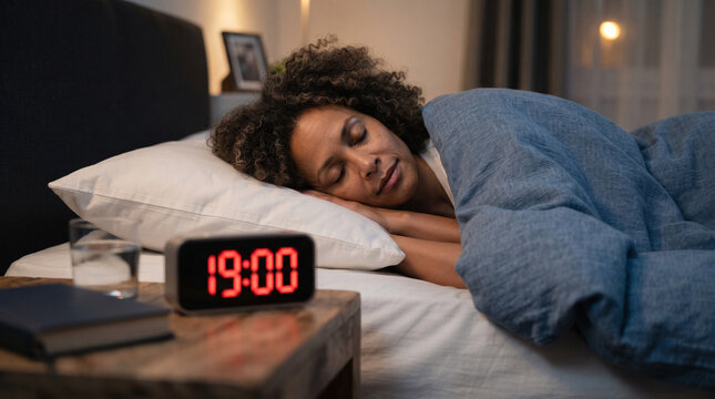 Woman sleeping peacefully in bed with a digital alarm clock on the bedside table