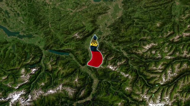 Liechtenstein country map animation over detailed satellite terrain video footage