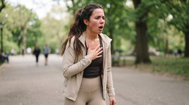 Exhausted woman holding her chest after running or jogging in a park
