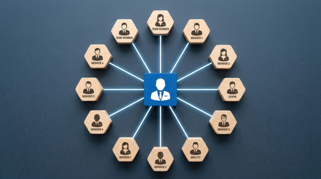 Organizational team hierarchy model structured with hexagonal wooden blocks around central blue square leadership leader icon.