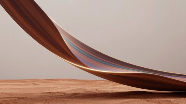 digital art piece appears photograph desert landscape background pale pinkish orange color foreground sandy dune center curved wavy line extends top corner bottom right corner line different shades