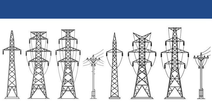 Power line and transmission tower set with utility poles and high voltage cables. Industrial energy infrastructure collection ideal for electricity grid engineering and technology themes. Clean vector