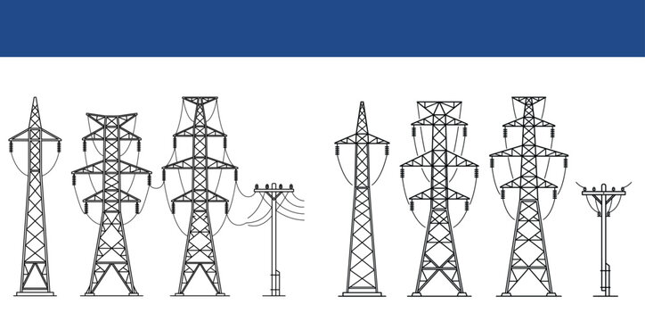 Black silhouettes of high voltage electrical transmission towers on white background