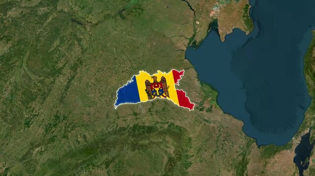 Animated map footage showing Moldova flag overlay on satellite geography