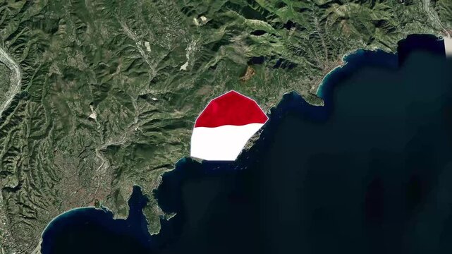 Monaco nation flag waving over satellite terrain map motion footage