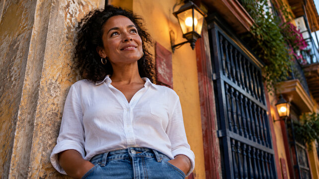 Young woman gazing up beside a colorful historic building at dusk
