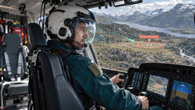 Helicopter Crew Approaching Marked Landing Zone in Mountain Valley