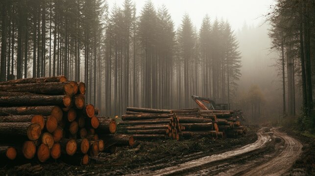 Misty forest with felled logs, a track, and machinery