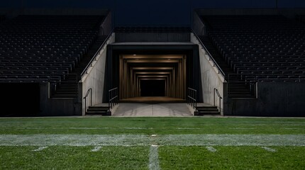 Fototapeta premium Pixel art sports stadium tunnel entrance with green grass field in front of a dark grandstand at night during a game match