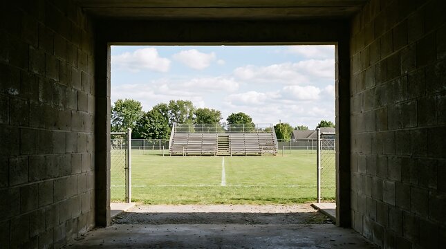 View of a green empty soccer field with wooden bleachers seen from a dark tunnel opening on a bright sunny summer day