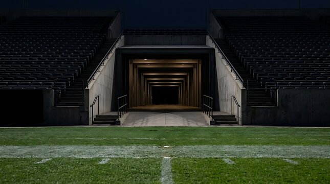Pixel art sports stadium tunnel entrance with green grass field in front of a dark grandstand at night during a game match