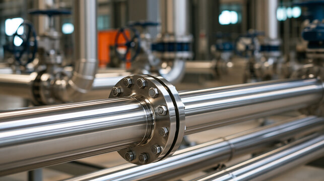 Stainless steel piping system with flanged joints, valves and precise connections inside a modern factory, clean industrial environment, process engineering, fluid infrastructure,