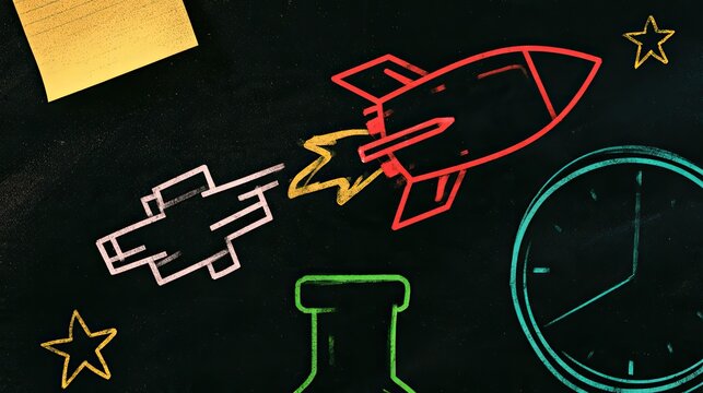 Chalkboard drawing of a rocket launch, with a clock and stars
