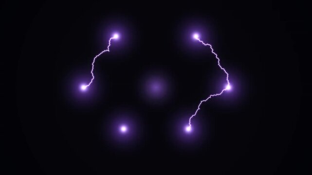 Electric discharge in a dark environment showing multiple purple lightning strikes forming a complex pattern