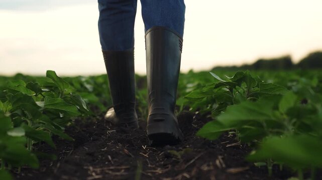 Agriculture, Agricultural worker in outdoor clothing, Row by row plants stretch across field, Soil supports growing life, Practical gear for rural workers, The beauty of routine fieldwork, Farming