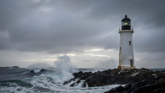 A white lighthouse standing on dark rocks amidst a stormy sea with crashing waves under a dark, overcast, and moody grey sky during the daytime