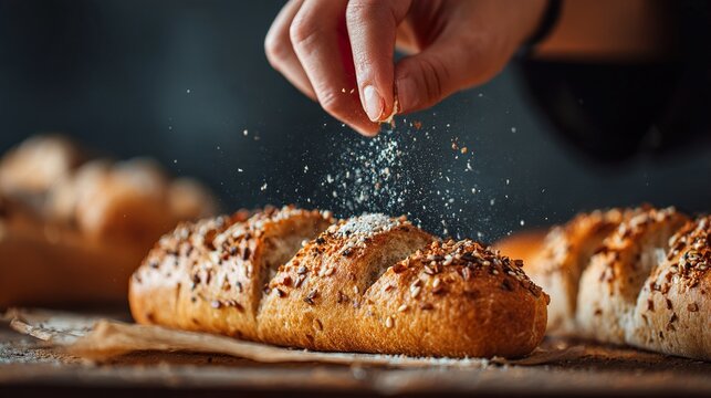 Fresh baked artisan bread with seeds being sprinkled on top.