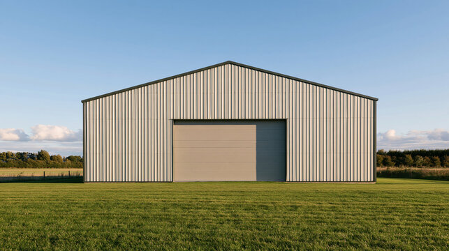 Simple metal garage building in a quiet countryside setting, corrugated steel exterior, wide doors and surrounding green fields, rural architecture, storage building, metal
