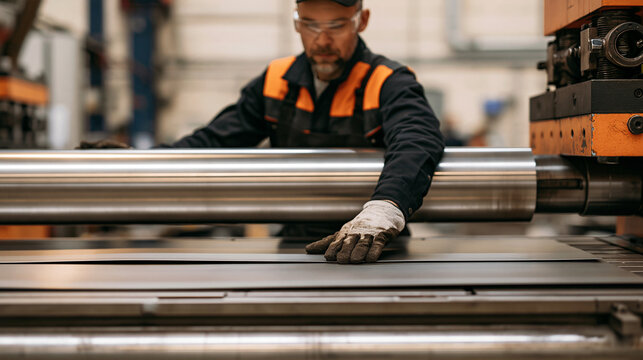 Factory worker wearing protective gloves operating a hydraulic rolling machine to bend a large metal sheet, industrial fabrication, sheet metal forming, precision manufacturing,