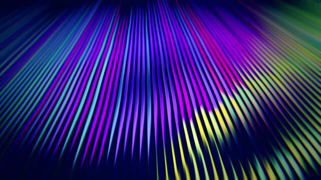 Abstract deep neon gradient flowing behind radiating fluted glass with smooth glowing refraction. Vibrant blue and purple motion highlights create a sleek optical illusion for modern UI concepts. 3d r