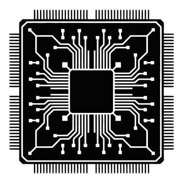 Microchip with circuit pathways and pins is a black silhouette