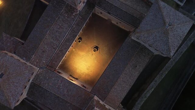 Torrechiara Castle aerial view of 15th century Italian fortress at sunset epic monument to power and eternal love story cinematic camera movement Parma region 9