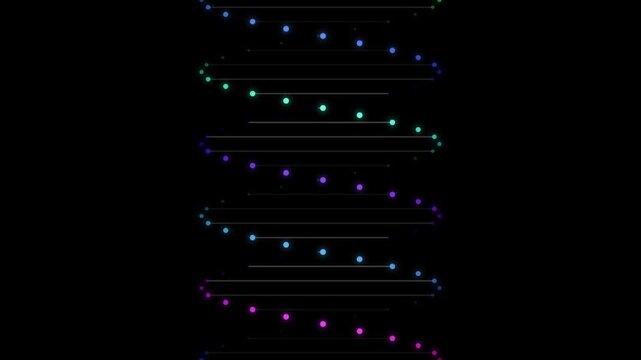 Neon dna helix animation: abstract science and technology background, with glowing gradient, dots genetics