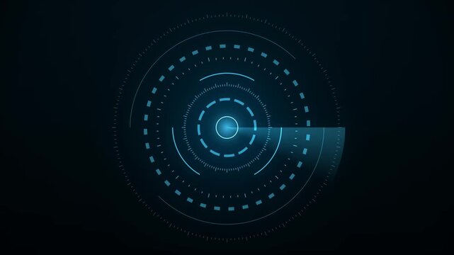Futuristic HUD interface with rotating radar elements and glowing blue concentric circles on a dark background