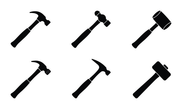 Minimalist hammer vector icons set, black construction tools collection for graphic design projects