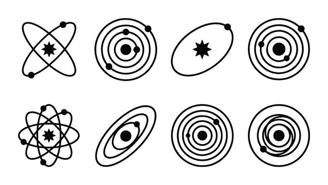 Minimalist solar system vector icons set, planetary orbits and atomic symbols for science design