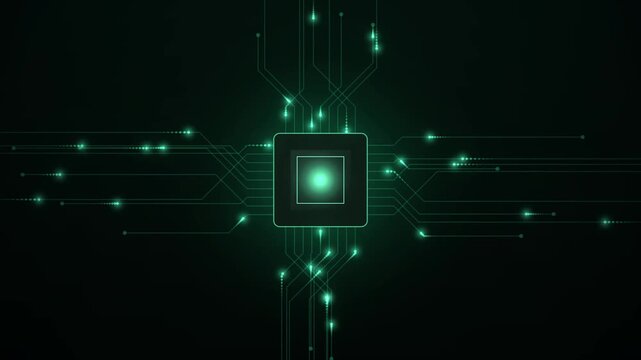 Digital circuit board with glowing green lines and central processor chip on a dark background