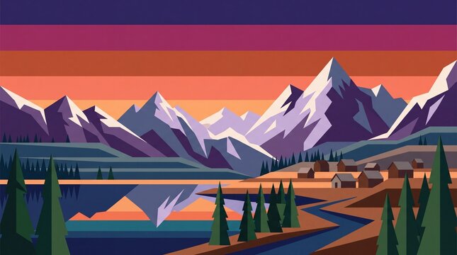 Minimalist Flat Vector Snowy Mountain Peak Landscape at Sunset