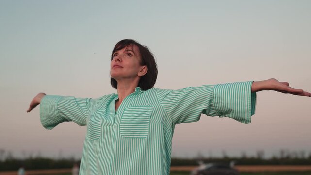 woman outdoors, happy human face, feeling female freedom nature, people happy face, pray ask believe, reconnect with nature, standing in field, personal growth journey, peaceful rural landscape