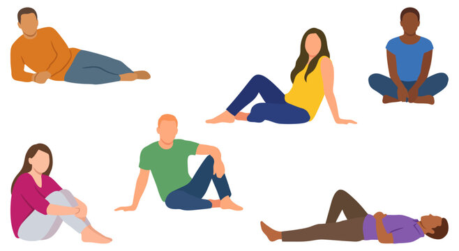 Diverse people sitting and lying down resting in relaxed postures on floor | Flat vector character set illustration