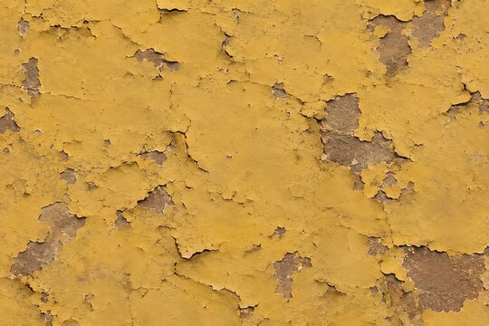 Close up of weathered yellow paint on a textured wall with peeling fragments