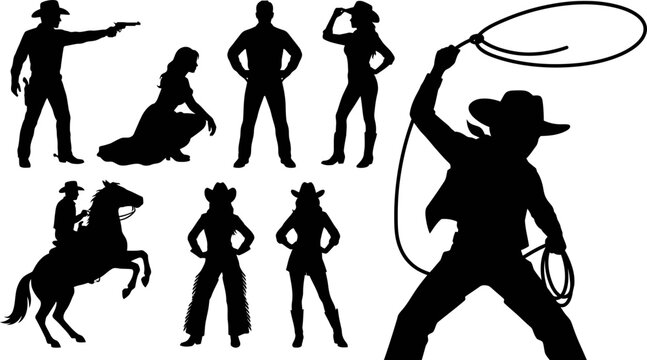 Wild west cowboy, cowgirl, lasso rope, rearing horse, and gunslinger silhouette vector set