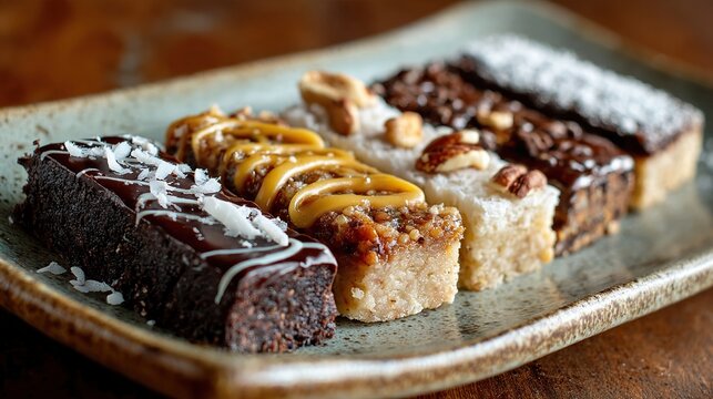 Assorted homemade energy bars with nuts seeds and berries on rustic plate.
