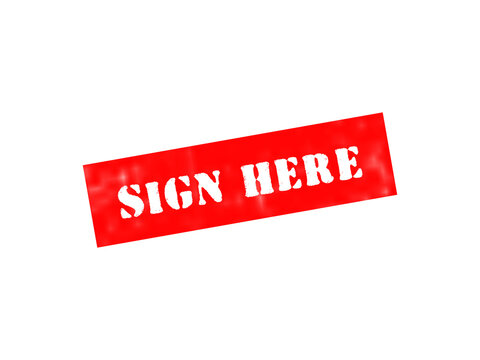 A red rectangular stamp with the white text sign here written in a bold stencil font isolated on a solid black background file isolated on a transparent background