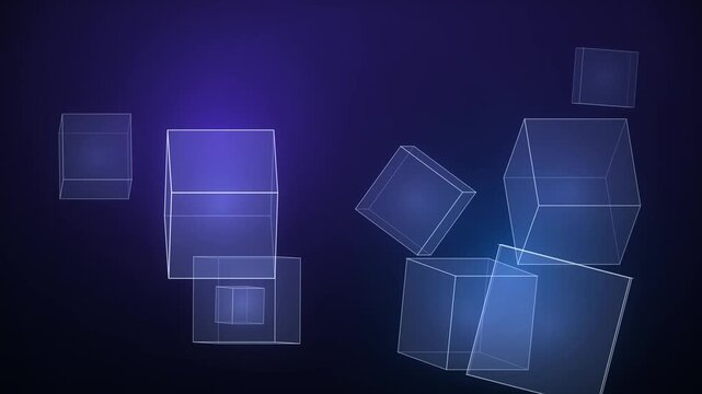 Abstract 3D transparent cubes floating and rotating in a dark blue gradient background with subtle light effects