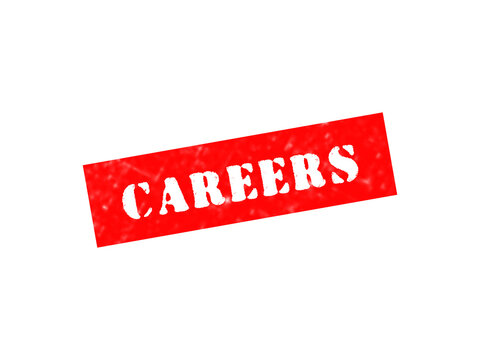 A red rectangular stamp with the white text careers written in a bold stencil font isolated on a solid black background file isolated on a transparent background