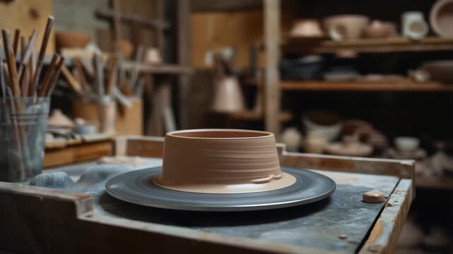 60 FPS pottery wheel spinning clay bowl form in ceramic studio with tools and shelves in background