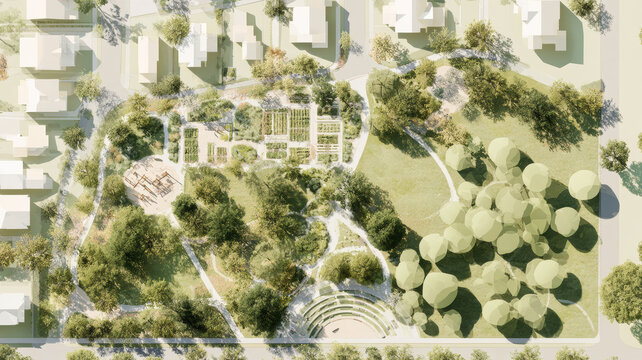 Urban planning design showcasing a sustainable city park concept with community gardens, recreation areas, a playground, and an amphitheater for modern livable neighborhoods