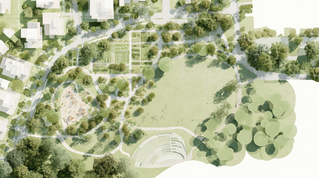 Urban park master plan showing sustainable landscape design, green city planning, community spaces, recreational facilities, and residential integration for modern living