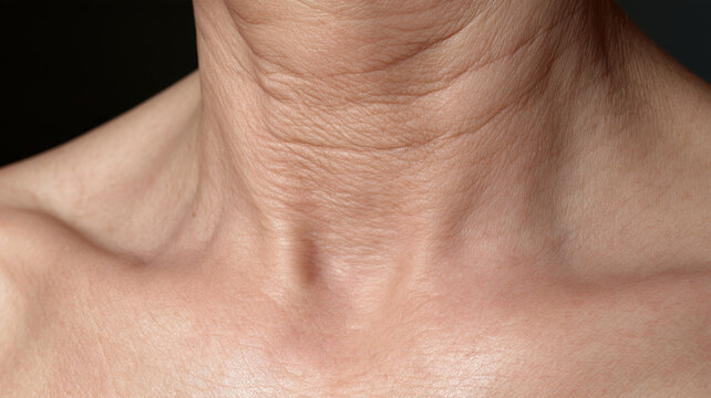 Neck and decolletage skin presents wrinkles and natural texture, conveying themes of aging, skin health, anti aging solutions, cosmetic procedures, and general skincare practices