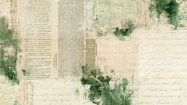 Vintage green watercolor paper collage with old handwriting and aged newspaper text, creating a textured antique background for history and communication concepts